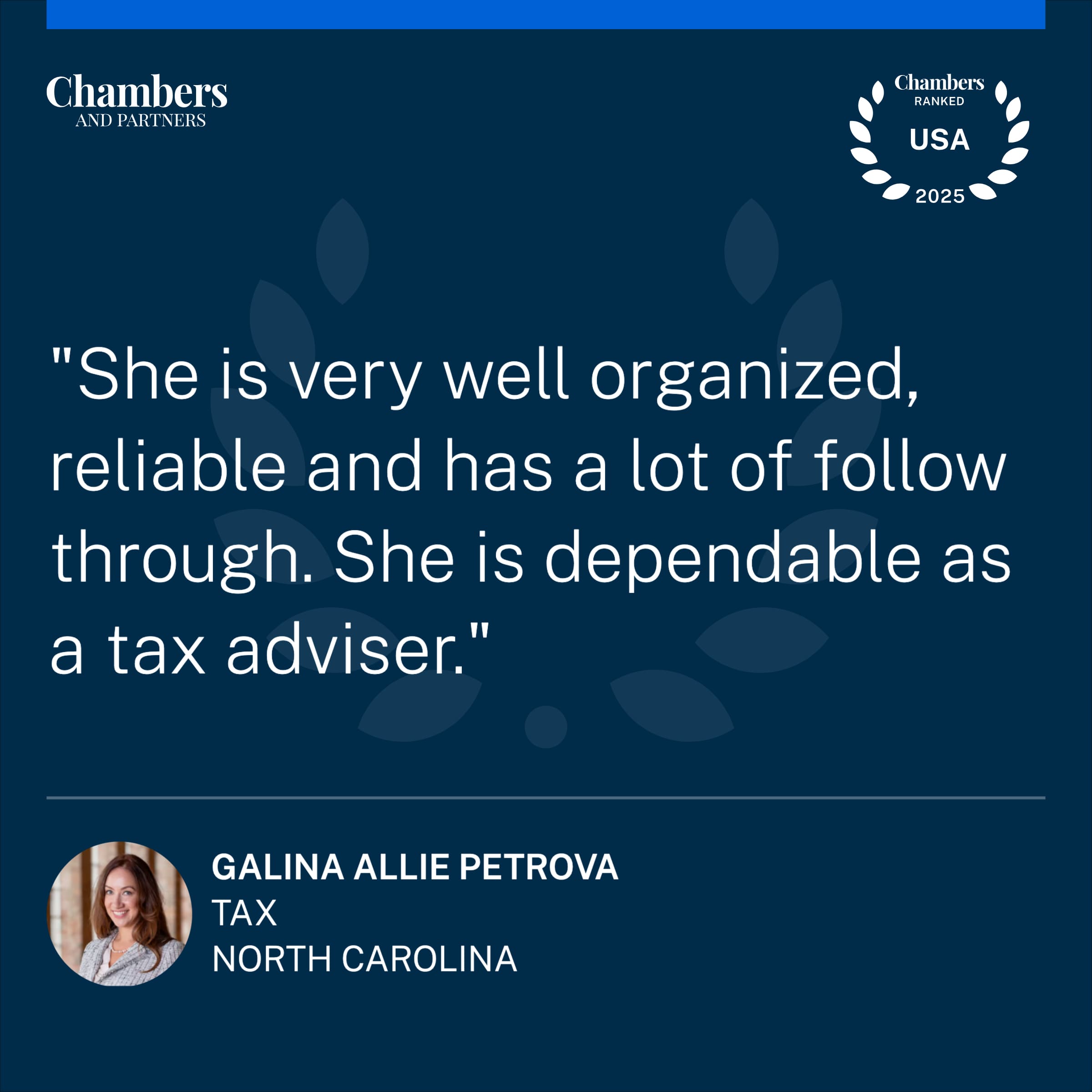 Allie Petrova top tax attorney and IRS appeals lawyer ranked by Chambers USA in 2025 quote