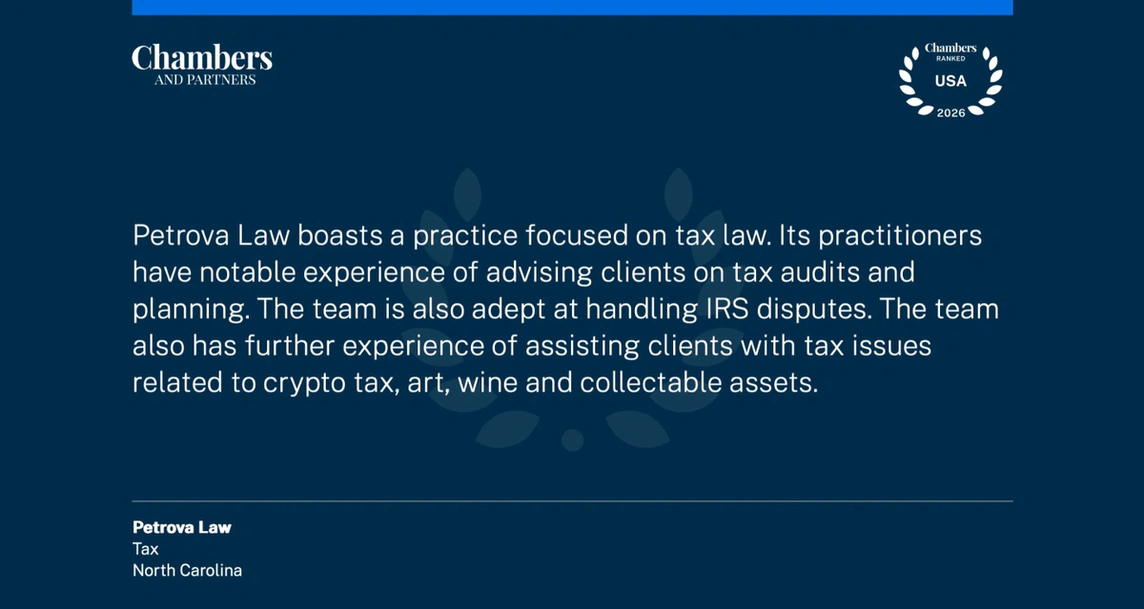 chambers-usa-2026-quote-petrova-law-tax-planning Chambers USA 2026 referee quote on Petrova Law tax planning attorney in Greensboro NC