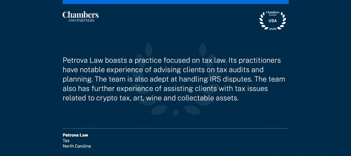 Chambers USA 2026 respondent quote on Petrova Law, Greensboro North Carolina tax attorney